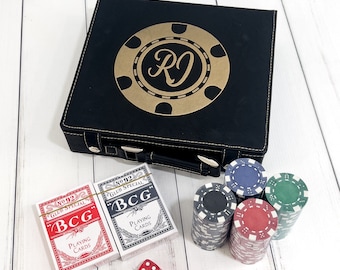 Personalized Poker Set | Custom Leather Poker Case | Gambler | Card Games | Anniversary Gift | Christmas | Poker Box Chips | Groomsmen