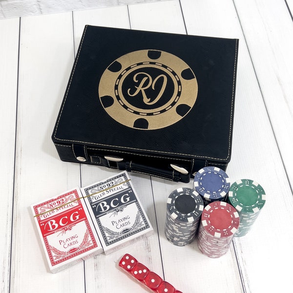 Personalized Poker Set | Custom Leather Poker Case | Gambler | Card Games | Anniversary Gift | Christmas | Poker Box Chips | Groomsmen