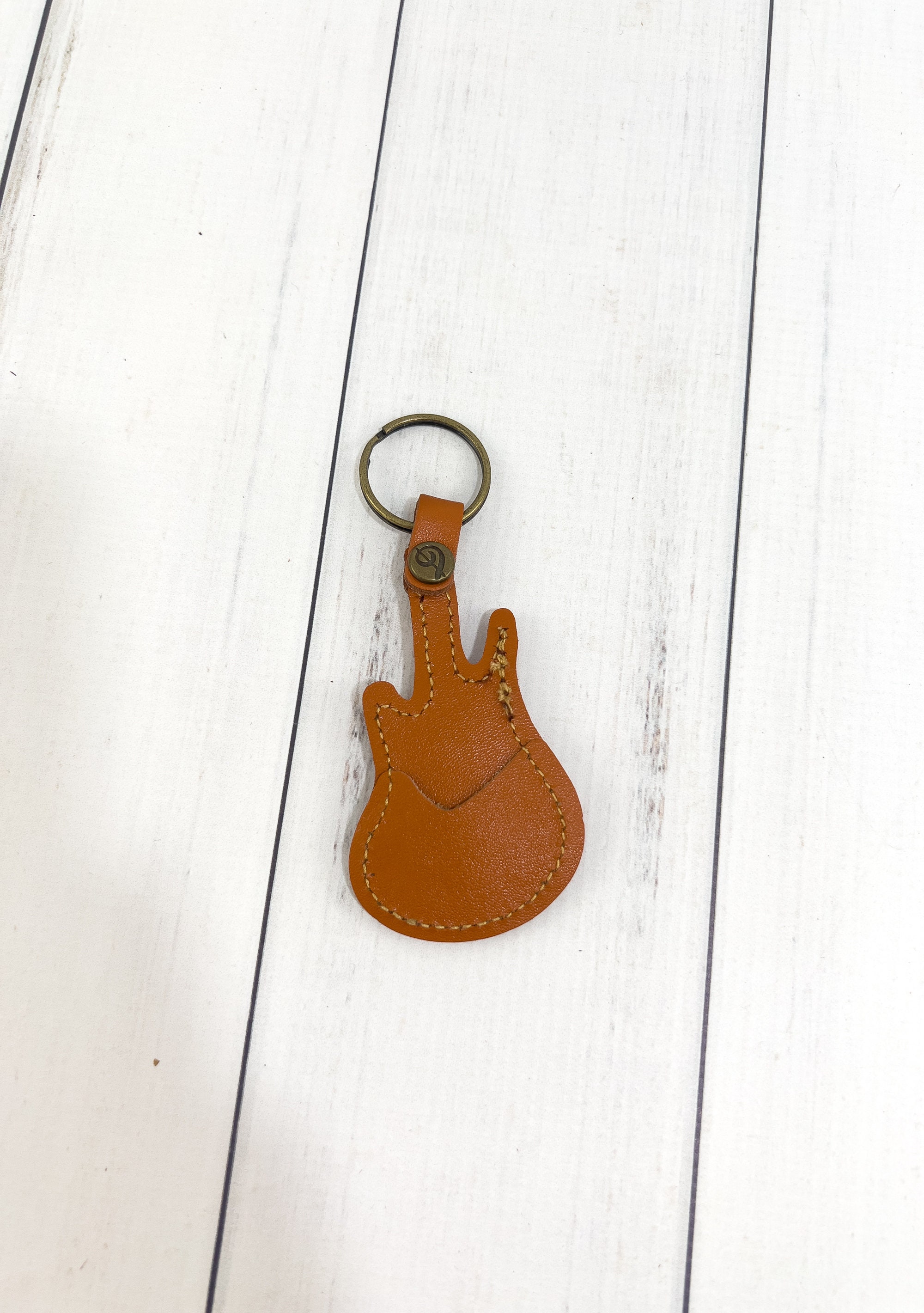 Personalized Brown Leather Guitarshaped Pick Holder Keychain Etsy