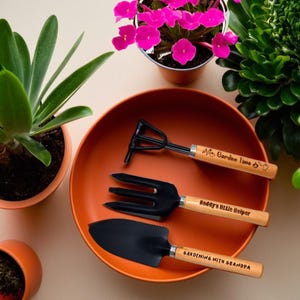 Personalized Kids Garden Tool Set | Rake, Spade, and Fork | Laser Engraved, Black Metal & Wooden Handle | Perfect Gift for Little Gardeners
