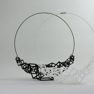 Puede incluir: Dos collares, uno negro y otro blanco, hechos de formas geom&eacute;tricas. Los collares est&aacute;n hechos de alambre fino y est&aacute;n conectados por un cierre.