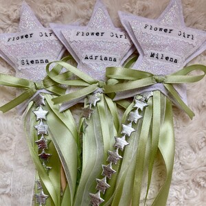 Flower Girl Wand - Personalised - white Sparkly Glitter - Sage Green, white and sparkly silver