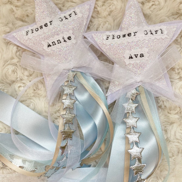 Flower Girl Wand - Personalised wedding wand - White Sparkly Glitter - Ice Blue and White Ribbons