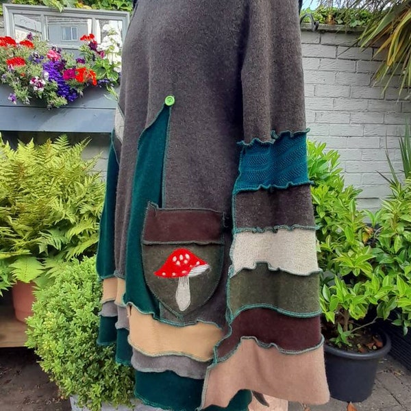 Toadstool art.Pixie Hooded sweater.woodland hippie tunic.womens boho clothing.size large.upcycled clothing.brown wool green elf top sweater.