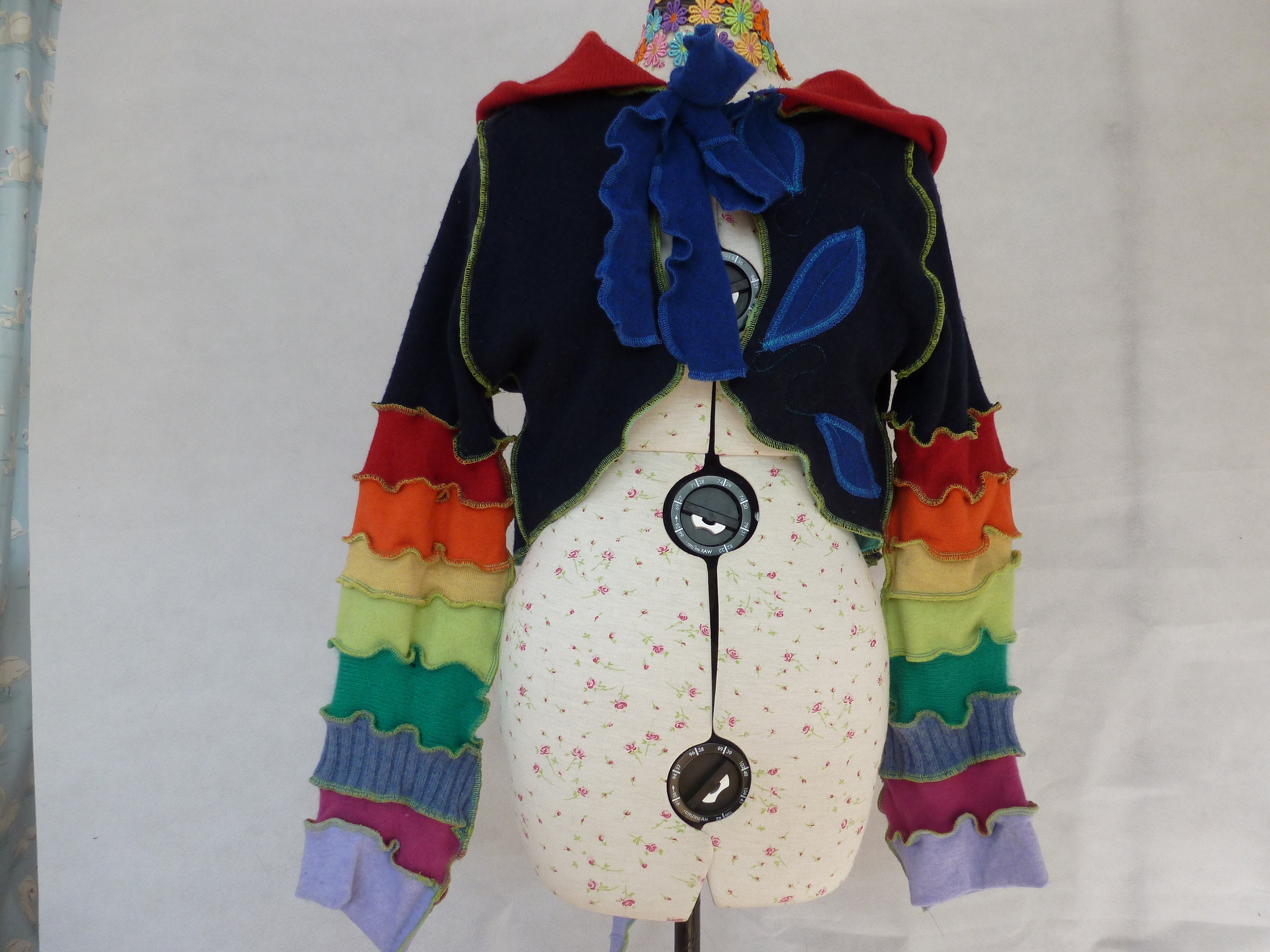 Image of Rainbow Shrug.pixie Hooded Jacket.hippie Clothing.upcycled Clothing.recycled Coat.womens Boho Clothing.hippy Rainbow Clothes. Large