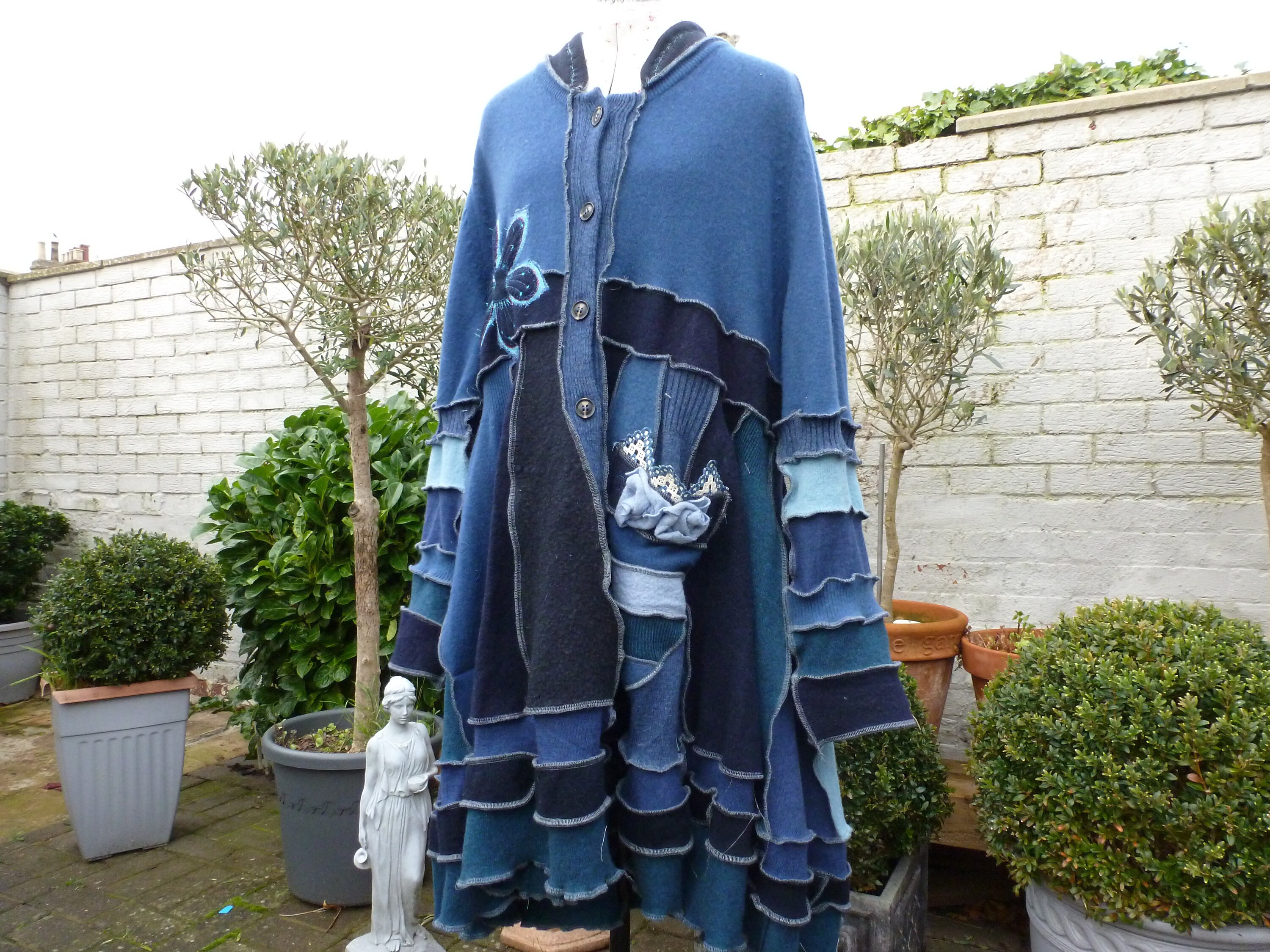 Image of Folk Art Recycled Sweater Coat.upcycled Clothing.size Xl.wearable Art.womens Boho Clothing.elf Coat.blue Wool Coat.hippie Clothing.ooak