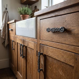 May include: A set of dark metal cabinet pulls with an intricate, interwoven vine-like pattern attached to natural-toned wooden kitchen cabinetry. The hardware features a textured, antique finish and is mounted on both drawers and cabinet doors.