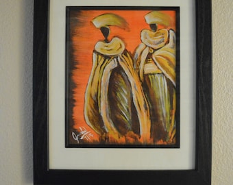 African tribe- hardship acrylic painting framed. ready to hang.