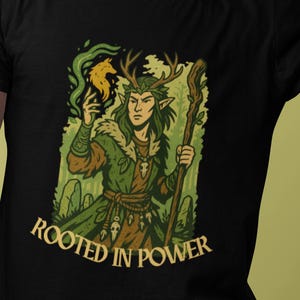 Druid DnD T-Shirt “Rooted in Power” | Retro Fantasy Graphic Tee for Tabletop RPG & Nature Lovers