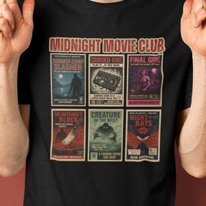 Midnight Movie Club T-Shirt – Vintage Horror Poster Collage Tee, Gift for Horror Movie Fans, Goths & Spooky Addicts
