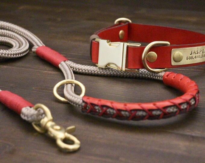 Leather collar, Dog leash, Collar and leash set, FREE personalisation, Quick release collar, Brass hardware, PPM rope leash