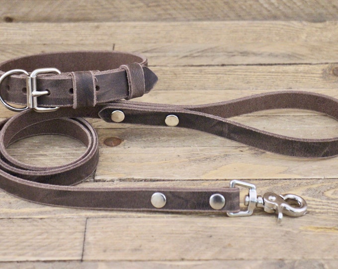 Collar and leash set, Dog collar, Dog leash, FREE ID TAG, Cherry Brown, Silver hardware, Puppy collar, Dog lead, Leather collar, Gift.