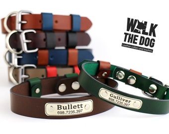 Personalized leather dog collar, Dog leather collar, Dog collar with nameplate, Engraved dog collar with nameplate.