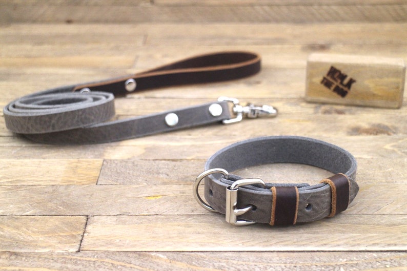 Cocoa Collar and leash set FREE ID TAG Unique. Silver hardware Dog collar Leather leash Handmade collar and leash Wolf grey brown