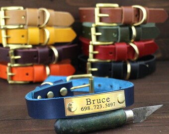 Leather Dog collar, Personalised  dog collar, Handmade leather collar, Brass hardware, Pet supplies, Colourful collars, Blue collar.
