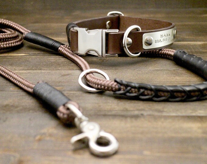 Dog rope leash, Dog leather collar, Brown leather collar, Brown rope leash, FREE personalisation, Quick release collar, Silver hardware