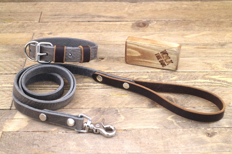 Cocoa Collar and leash set FREE ID TAG Unique. Silver hardware Dog collar Leather leash Handmade collar and leash Wolf grey brown