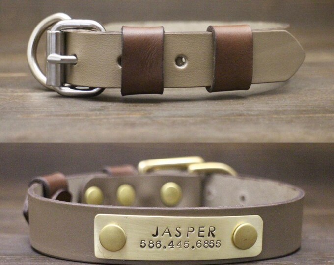 Dog collar, Leather dog collar, Brass-Silver hardware, FREE personalisation, Grey Sandy dog collar, Metal nameplate, Colourful collar