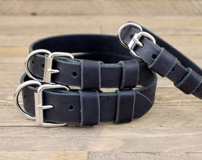 Collar, Dog collar, Leather, FREE ID TAG, Silver hardware, Charcoal black, Handmade collar, Small size, Dog collars, Dog Walk.