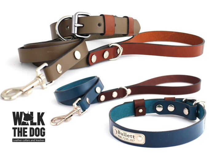 Dog Leather Collar and Leash, Personalized Dog Collar, Dog Collar and Leash with Nameplate, Variety of Dog Colors Collars and Leashes