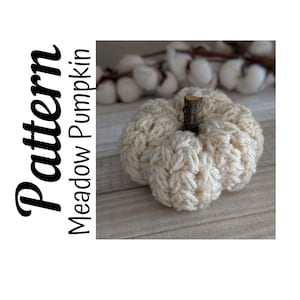 May include: A cream-coloured, crocheted pumpkin with a small, brown stem. The pumpkin is on a light-coloured wooden surface. The text "Pattern Meadow Pumpkin" is on the left side of the image.