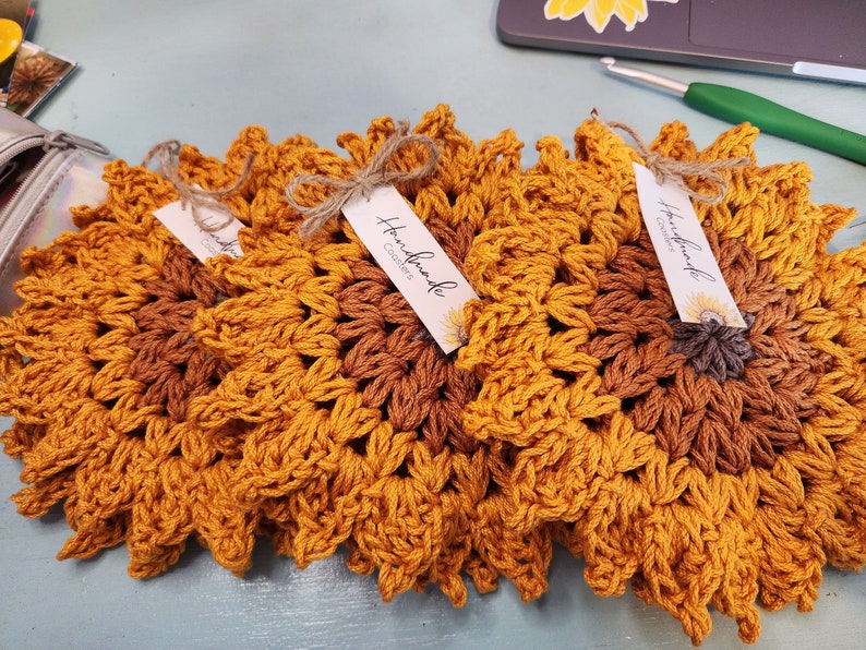 Crochet Pattern, Crochet Sunflower, Crochet Meadow Sunflower Coasters, Crochet Coaster, Crochet Flower, Ltkcuties, DIGITAL DOWNLOAD ONLY image 2