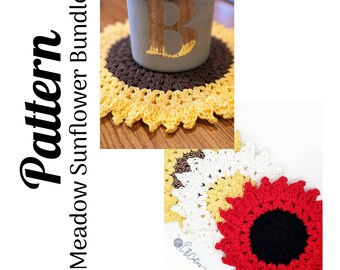 Crochet Pattern, Crochet Meadow Sunflower BUNDLE, Crochet Sunflower Coasters, Crochet Sunflower Placemat, Home Decor,Ltkcuties, DIGITAL ONLY