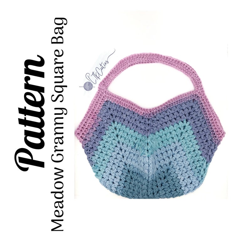 May include: A crocheted granny square bag with a pink, purple, and blue color gradient. The bag has a wide, open top and a single strap.