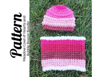 Crochet Pattern, Crochet Meadow Cowl and Hearts & Bobbles Bundle, Crochet Cowl, Crochet Beanie, Crochet Bundle, DIGITAL DOWNLOAD, Ltkcuties