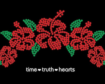 Fleurs d'hibiscus (9,14 x 4,4 pouces) en t-shirt ou débardeur brillants en strass rouges et verts- **Livraison gratuite aux États-Unis**