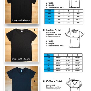 Puede incluir: Un gr&aacute;fico que muestra las medidas para camisas unisex, de mujer y de cuello en V en diferentes tallas. El gr&aacute;fico incluye medidas de ancho, alto y centro de la espalda de la manga. Las medidas est&aacute;n en pulgadas.