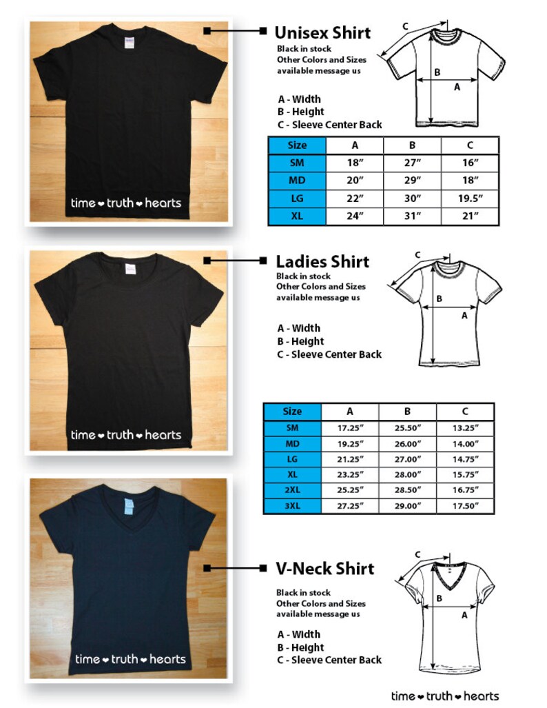 Puede incluir: Un gr&aacute;fico que muestra las medidas para camisas unisex, de mujer y de cuello en V en diferentes tallas. El gr&aacute;fico incluye medidas de ancho, alto y centro de la espalda de la manga. Las medidas est&aacute;n en pulgadas.