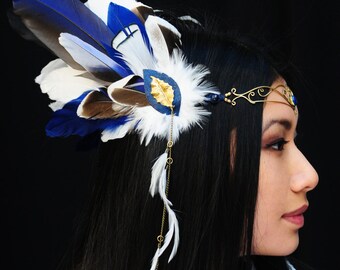 Fairytale feather tiara, Blue and white feathered festival headwear, Angelic headdress, Fairy tiara with feathers, Tiara with lapis lazuli,
