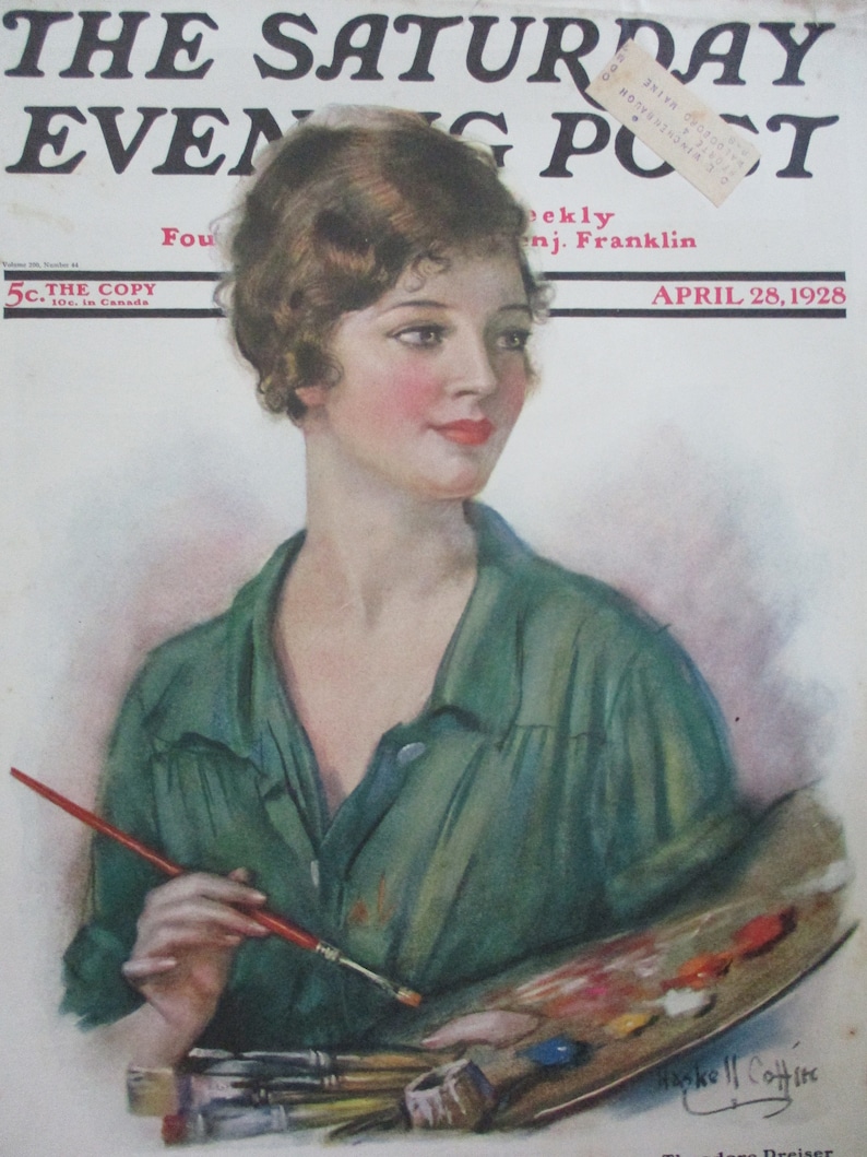 1928 Lovely woman artist holds palette Saturday Evening Post Cover by HASKELL COFFIN great graphics frameable magazine art original print