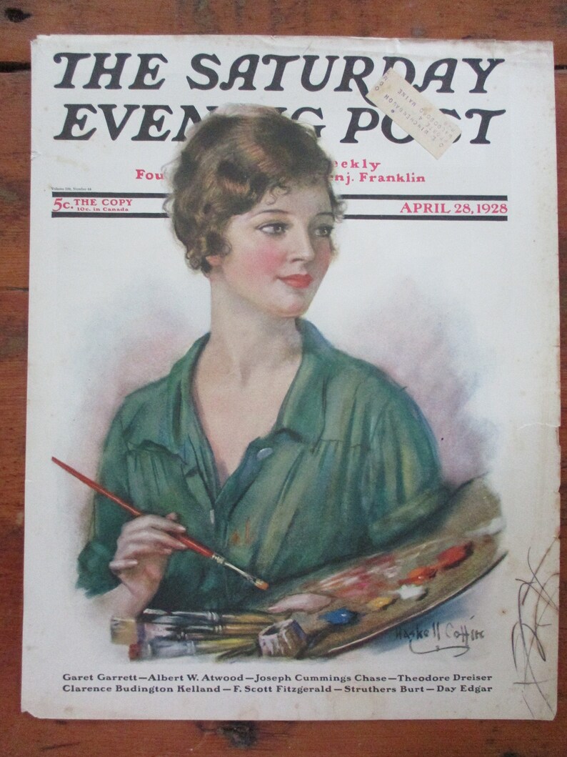 1928 Lovely woman artist holds palette Saturday Evening Post Cover by HASKELL COFFIN great graphics frameable magazine art original print