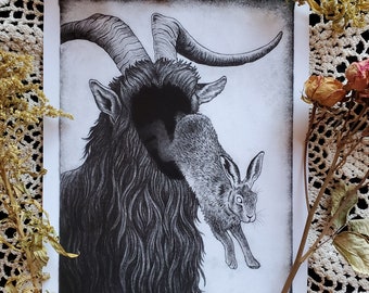 May include: Detailed monochrome illustration of a goat-like figure with a rabbit emerging from its back. The artwork uses shading to create texture. The image is set against a white backdrop, with dried flowers and lace edging the picture.