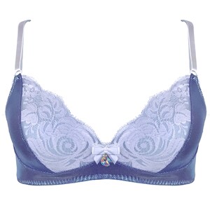 May include: A light blue lace bra with adjustable straps and a small jewel embellishment in the center.