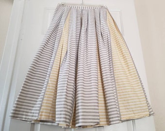 VTG 1960s F.A. Chatta Ltd Striped Midi Skirt Pleated Fit and Flare Yellow Gray White Cotton Pin Up Rockabilly