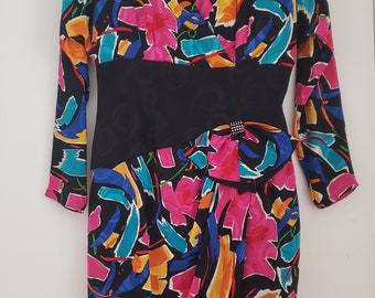 Vintage 80s AJ BARI Dress Silk Abstract Floral Surplice Faux Wrap Sheath Sz 14