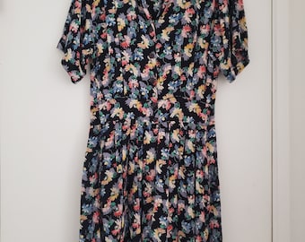 Vintage 90s Navy Blue Floral Wide Leg Shorts Romper 1940s Style Jumpsuit Playsuit