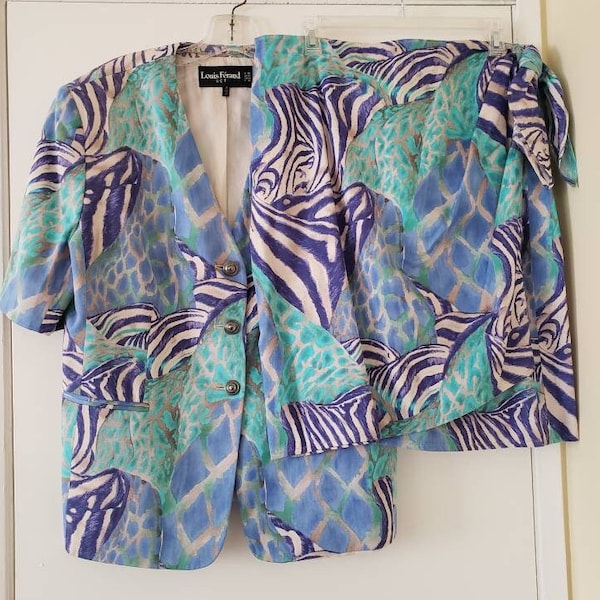 VTG LOUIS FERAUD Suit Sz 16 Vintage 80s 90s Wrap Skirt Blue Zebra Giraffe Animal Print