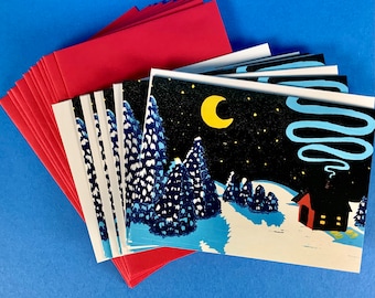 Winter Landscape Greeting Card: Linoleum-Cut Design