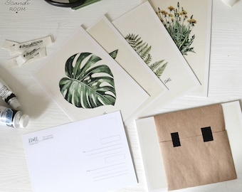 Set of 4 Plants cards. Illustrated Cards. Botanical Cards. Art Postcards. set Botanical Postcards. Watercolor. Scandinavian style. Nordic