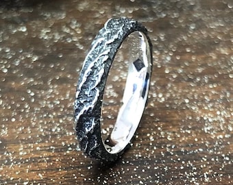 Thin Black Silver Ring, Textured Viking Band.