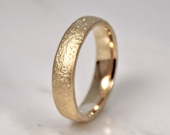 18ct Yellow Gold Sandcast Wedding Ring, 5mm Textured Band, Rustic Organic Natural Design. WoodenGold.