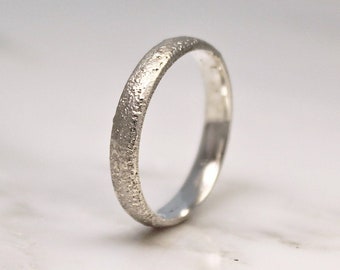 18ct Sand Cast Ring, Slim Rustic White Wedding Band.