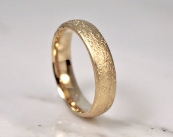 9ct Yellow Gold Sandcast Wedding Ring, 5mm Textured Band, Rustic Organic Natural Design. WoodenGold.