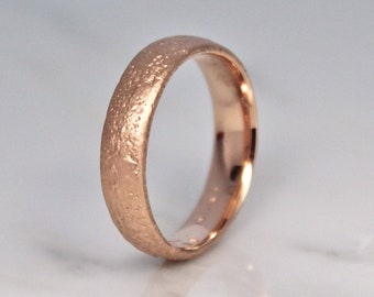 18ct Rose Gold Sand Cast Ring, Rustic Wedding Band, 5mm Textured unique design by WoodenGold.