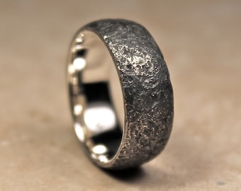 Black Silver Mens Wedding Ring, Dark Sterling Forged Band, Oxidised Hammered Jewellery.