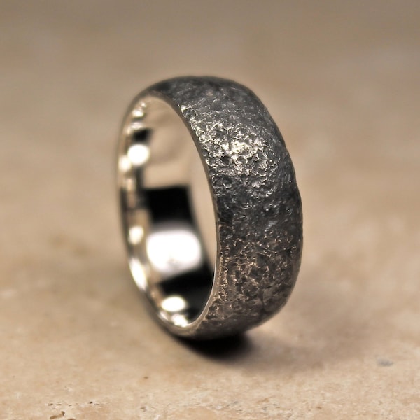 Black Silver Mens Wedding Ring, Dark Sterling Forged Band, Oxidised Hammered Jewellery.